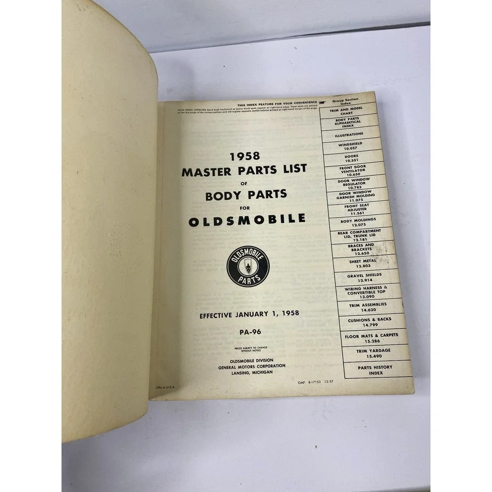 1958 Oldsmobile Master Parts List Body Parts Guide Manual Book General Motors